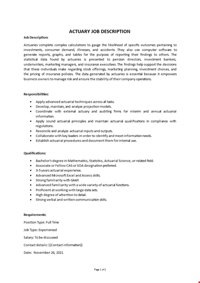 actuary job description template