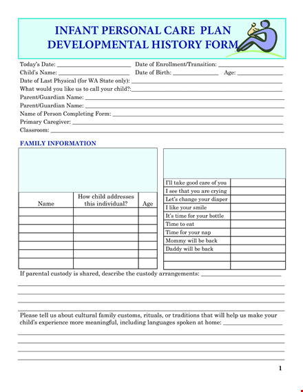 infant personal care plan template template