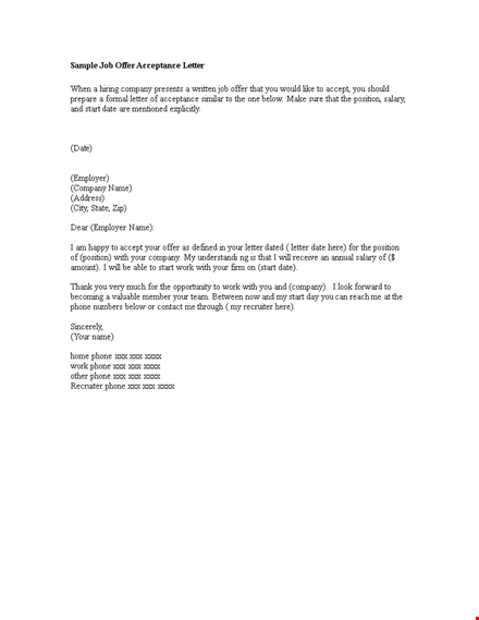 simple offer acceptance letter template template