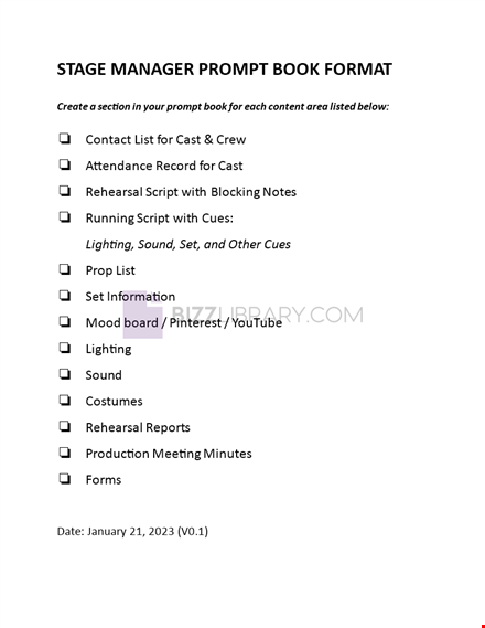 stage manager prompt book template