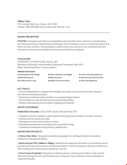 college marketing internship resume template