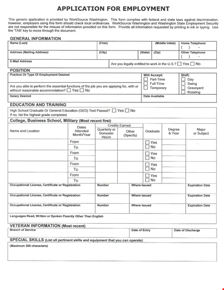 generic job application form template template