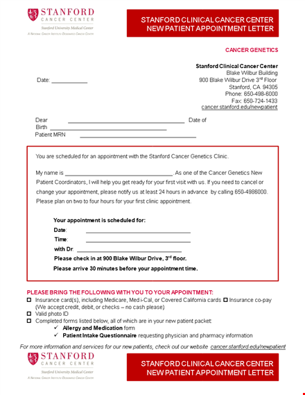 doctor appointment letter to patient - please schedule your cancer appointment with stanford template