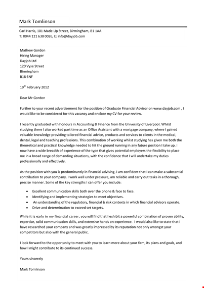 university graduate job application letter template
