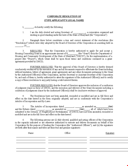 corporate resolution form - authorize grants & resolutions template