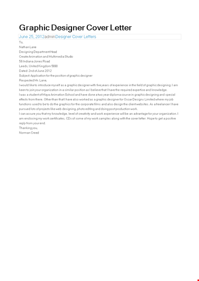 graphic designer job application cover letter template