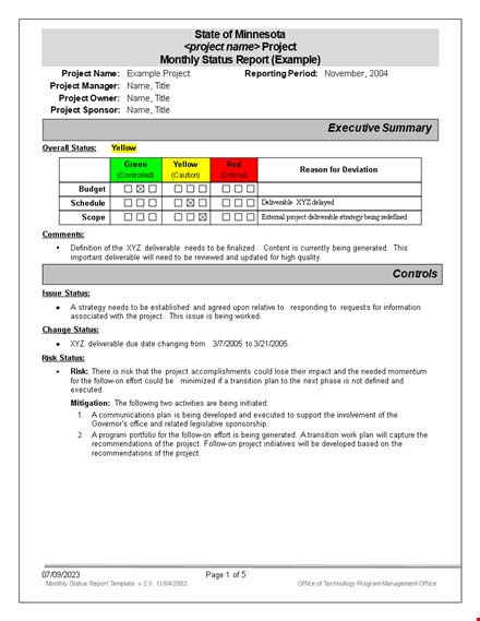 monthly status report template