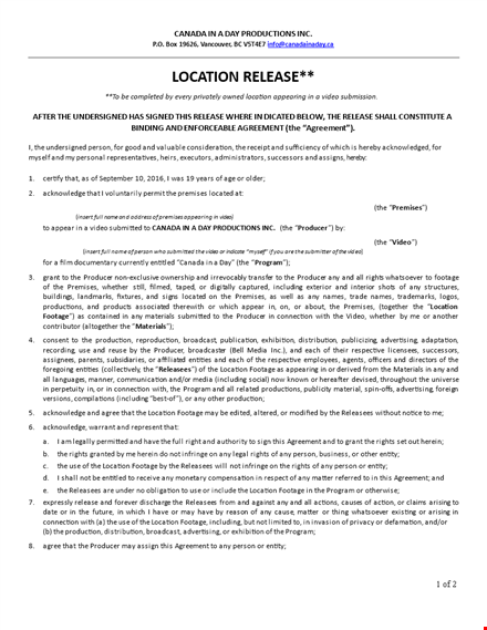 location release form for video production template