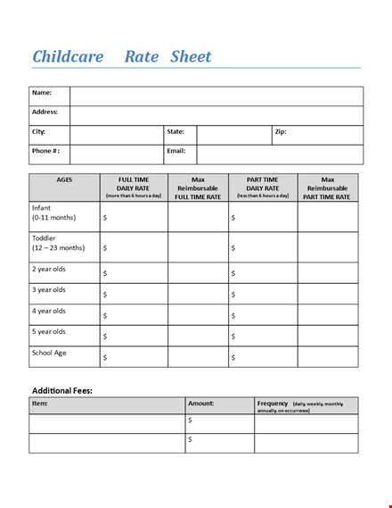 childcare rate sheet template template