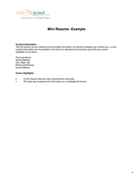 mini resume example - career, information, contact | resume template template
