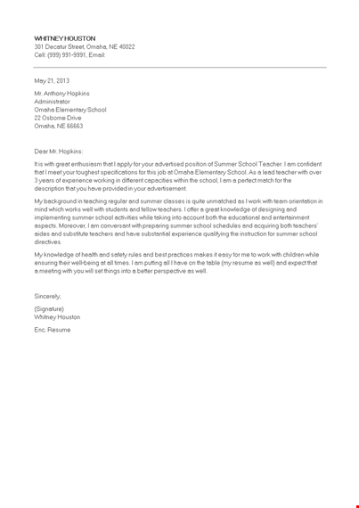 teaching job cover letter template