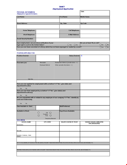 employment application template | company, employment information, employed template