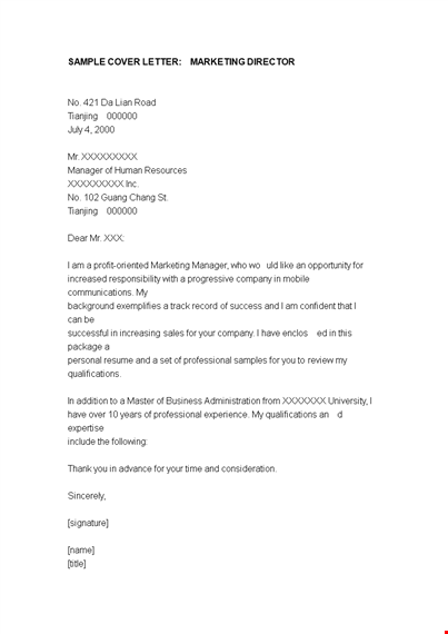 marketing manager application letter template
