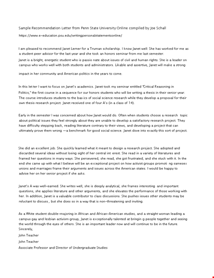 sample internship recommendation letter template for project research students - janet template