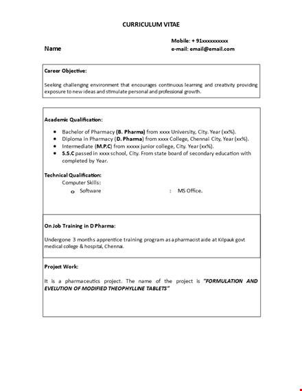 sample pharmacist fresher resume template