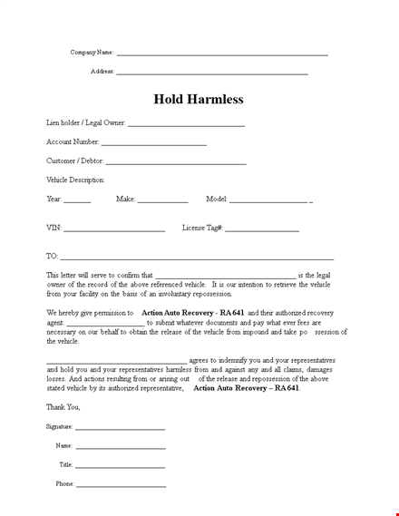 protect yourself with our hold harmless agreement template for vehicle recovery template