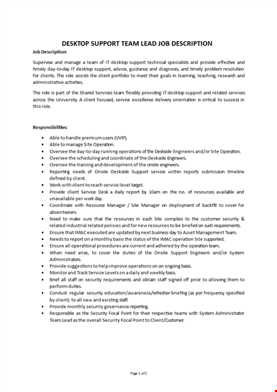 desk support team lead job description template