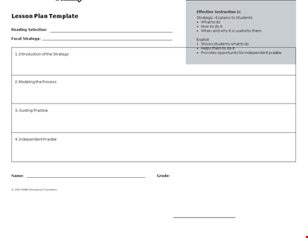 easy-to-use lesson plan template for reading selections template
