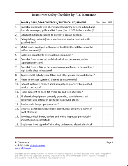 restaurant safety checklist template template