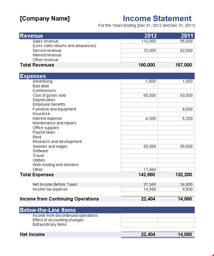 company income statement template excel template