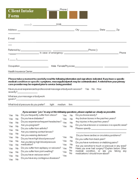massage client intake form template | medical & bodywork client intake form template