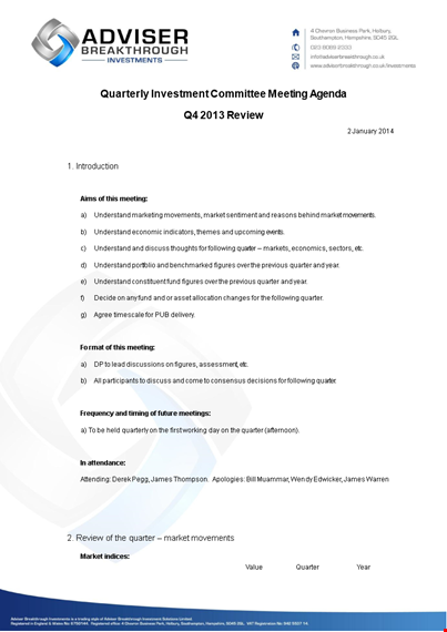 investment committee agenda - quarterly portfolio review, market analysis, and key references template