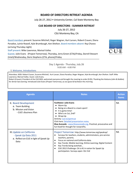 directors retreat agenda template - streamline your board meeting action items template