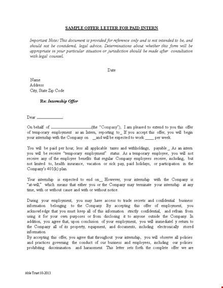 internship offer letter format | company's official offer for internship template