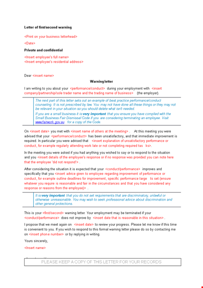 letter of first and second warning template template