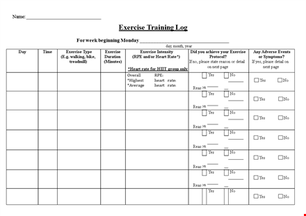 exercise training log template