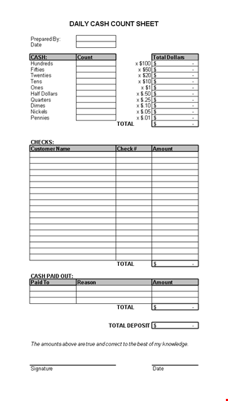 daily cash sheet template