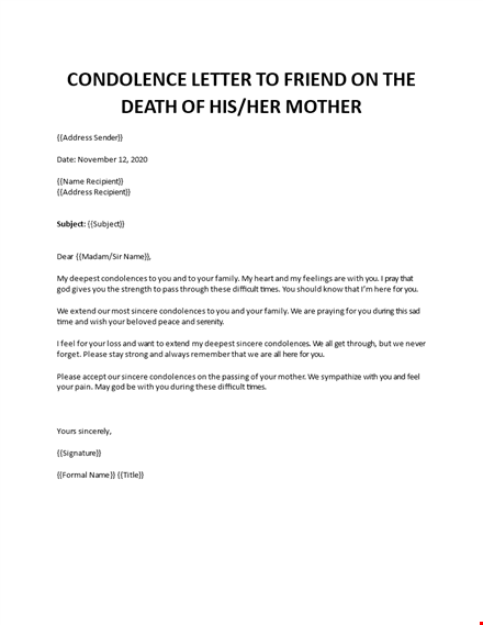 condolence letter to friend death of mother template