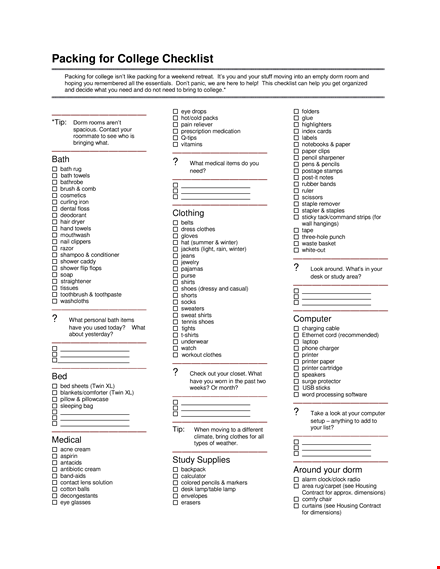 packing for college checklist template