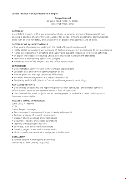 junior project manager resume sample template