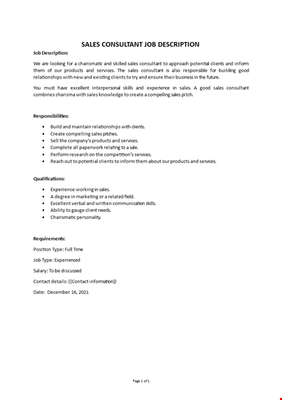 sales consultant job description template