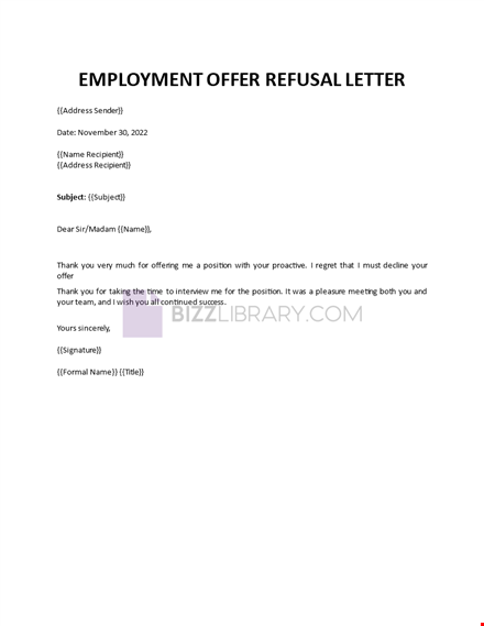 employment offer refusal letter template