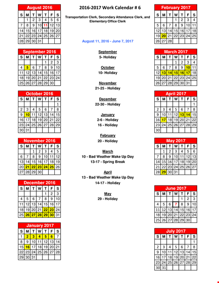 work calendar sample template