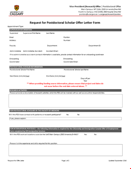 offer letter and funding information for postdoctoral research template