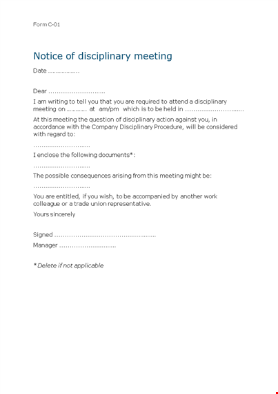 disciplinary letter meeting for an employee download template