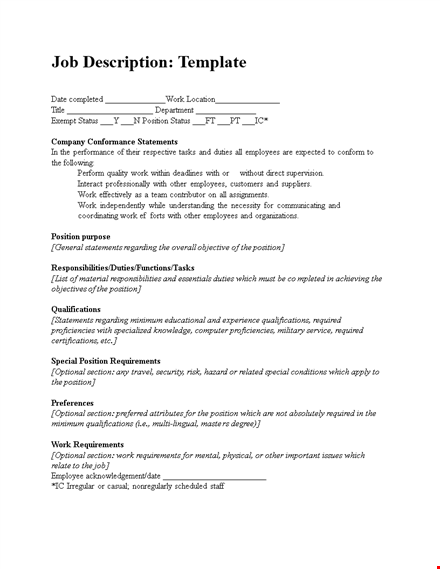 effective job description template for employees - clearly define position duties and statements template