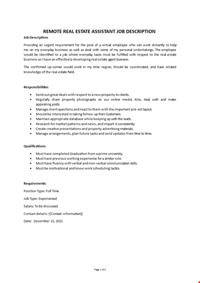 real estate assistant job description template