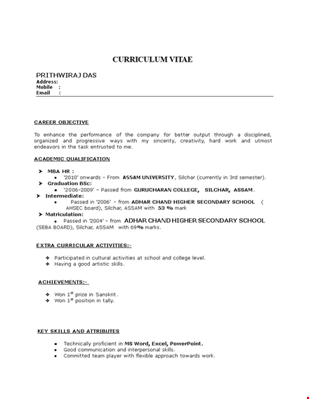 mba hr fresher resume free download template