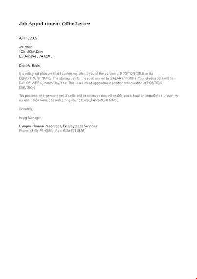 job appointment offer letter template