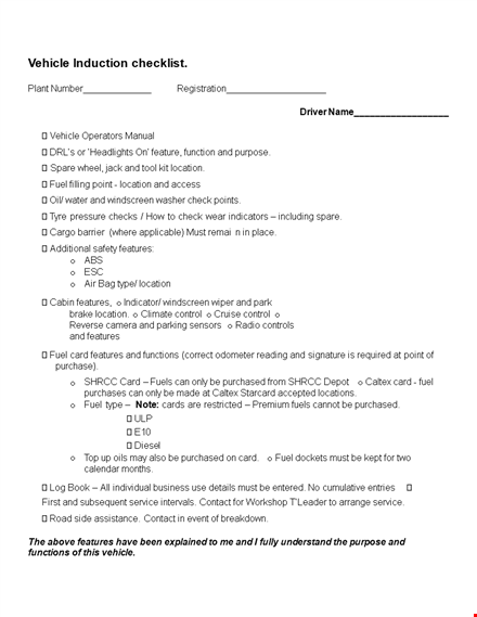 vehicle checklist template for location and features - ensure proper maintenance template