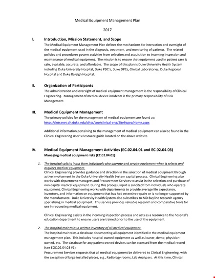 medical equipment management plan template