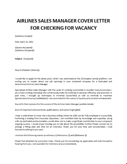 airlines sales manager cover letter template