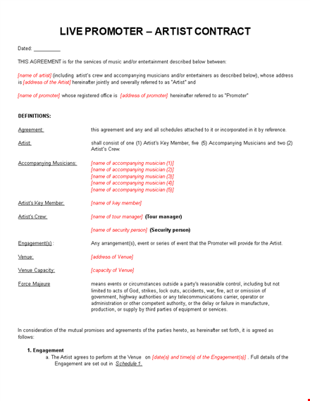 promoter artist contract template template