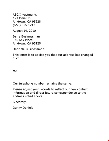 change of address letter - update your information for anytown | investments, businessman template