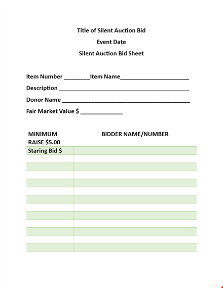 silent auction bid sheet - auction bidding made easy template