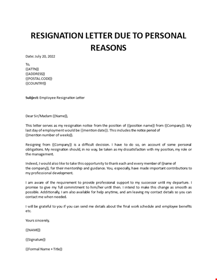 resignation letter due to personal reasons template